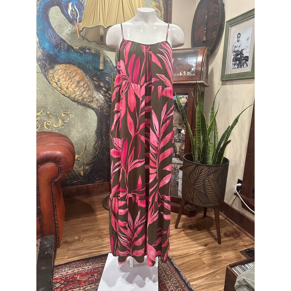Time and Tru Tropical Maxi Dress Large Olive Pink Palm Leaf - Picture 2 of 8